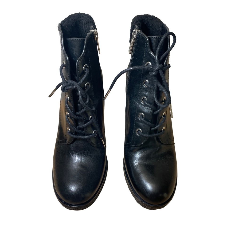 Michael Kors Womens Black Leather Lace Up Shearling Trim Block Heel Boots 8.5M